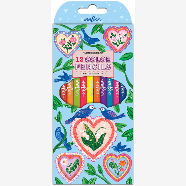 eeBoo - 12 farveblyanter - Hearts & Birds - Neon