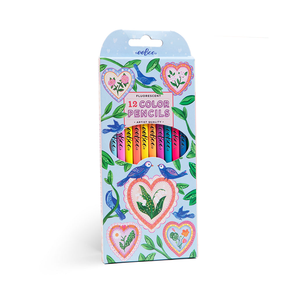 eeBoo - 12 farveblyanter - Hearts & Birds - Neon