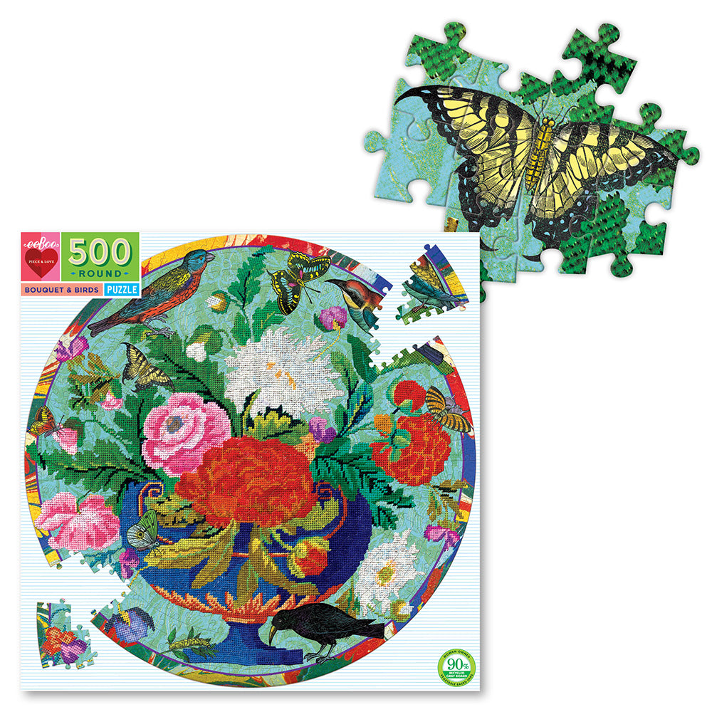 eeBoo - Rundt puslespil 500 brk - Broderi blomster & fugl