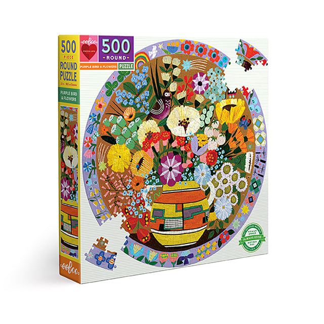 eeBoo - Rundt puslespil 500 brk - Purple Bird and Flowers